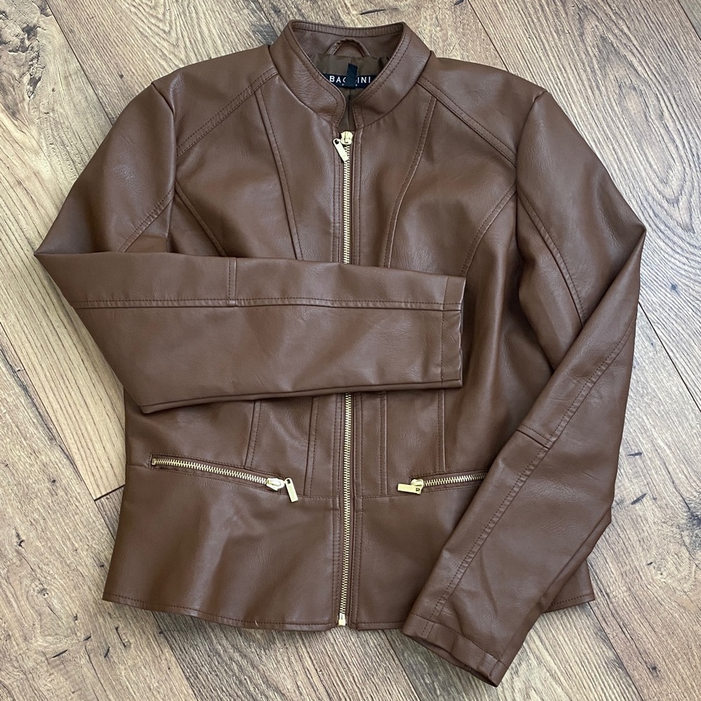 Baccini Tan Leather Jacket with Gold Zippers